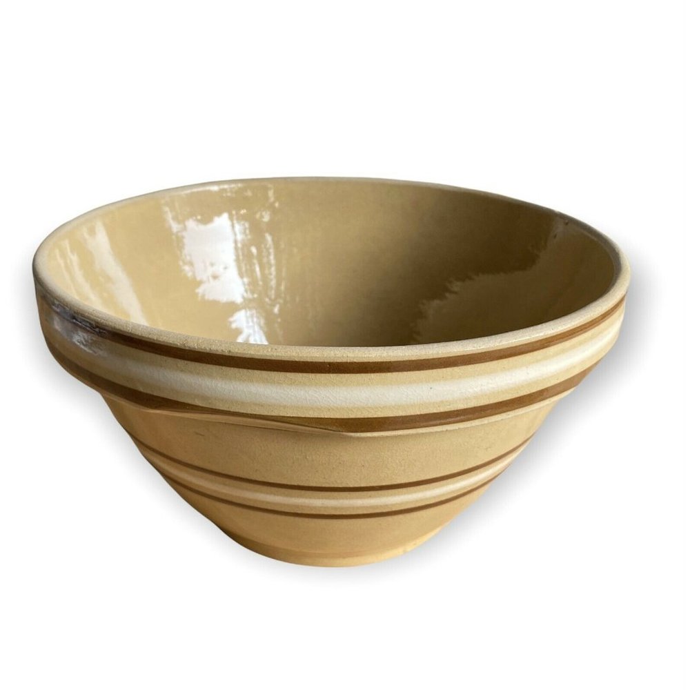 Vintage Yellow Ware Stoneware Mixing Bowl Brown White Stripes, Large 10”